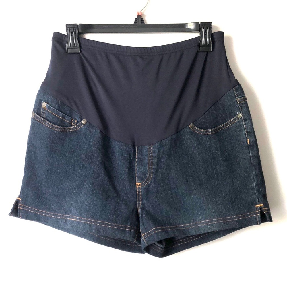 Oh Mamma Dark Denim Embroidered Pockets Elastic Panel Maternity Shorts size L